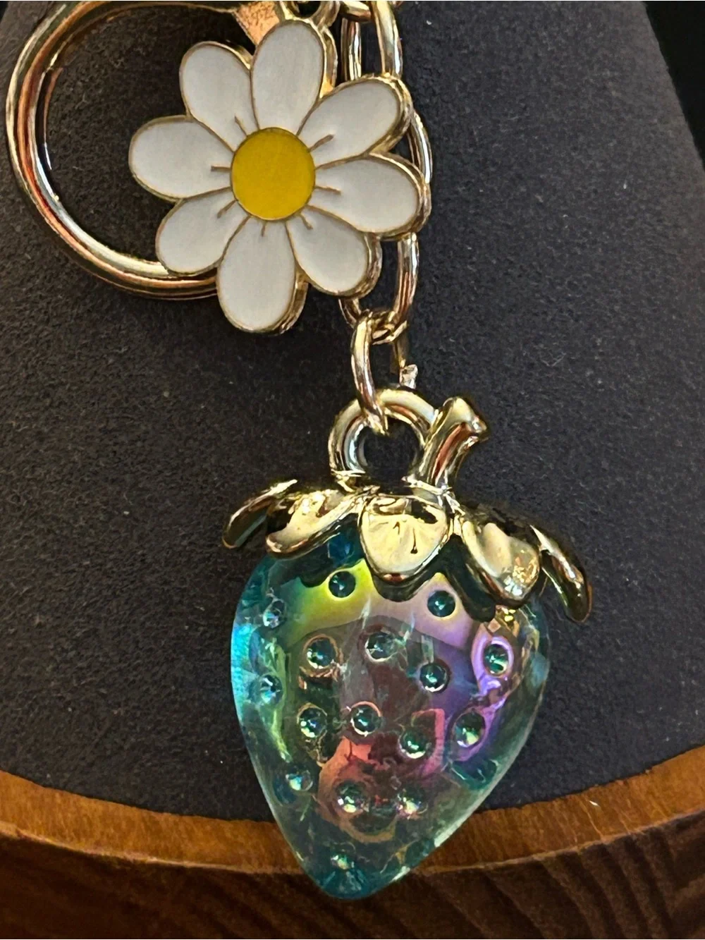 Gold-Tone & Iridescent Strawberry 🍓 & Color Enamel Flower Bag Charm Keychain NWT